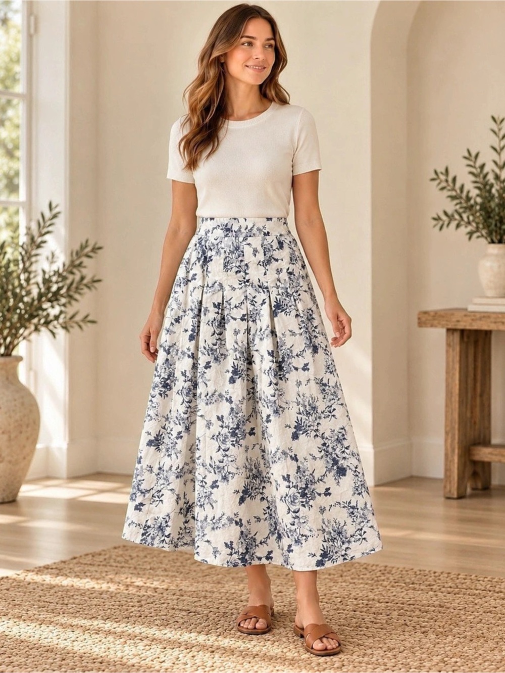 Blu Pepper Blue White Floral Toile A-Line Midi Skirt M